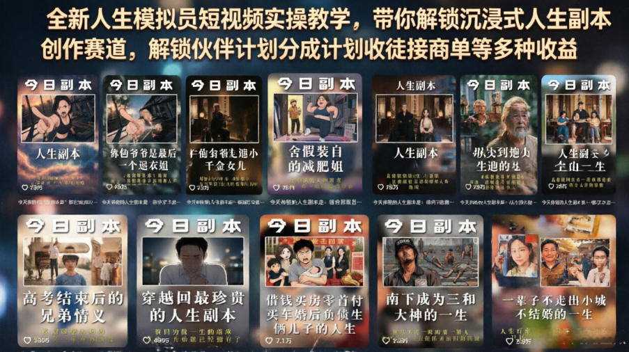 全新人生模拟员短视频实操教学，带你解锁沉浸式人生副本创作赛道，解锁伙伴计划分成计划收徒接商单等多种收益-点子口袋网