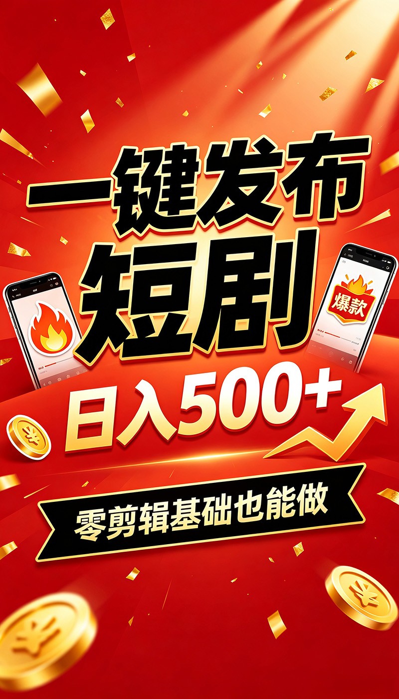 快手短剧一键发布，不用剪辑操作简单，副业日入500+。空闲时间轻松赚收益-点子口袋网