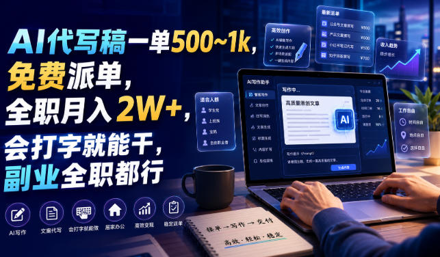 AI代写稿一单500~1k，免费派单，全职月入2W+，会打字就能干，副业全职都行【揭秘】-点子口袋网