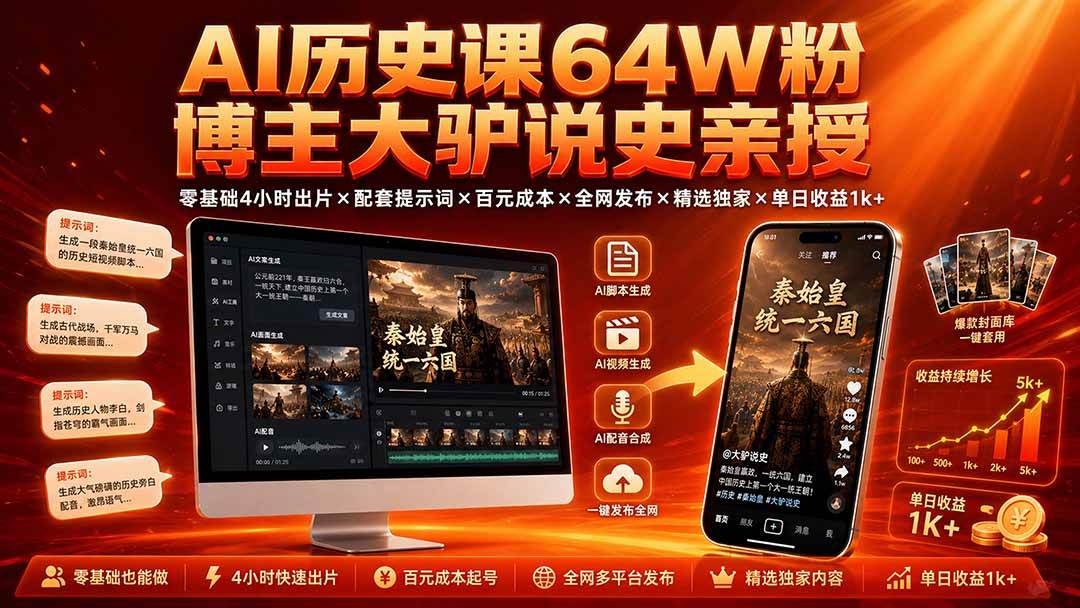 （19557期）AI历史课64W粉博主大驴说史亲授：零基础4小时出片×配套提示词×百元成本×全网发布×精选独家×单日收益1k+-点子口袋网