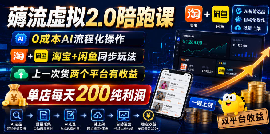 薅流虚拟2.0陪跑课，0成本AI流程化操作，淘宝+闲鱼同步玩法，上一次货两个平台有收益，单店每天200纯利润-点子口袋网