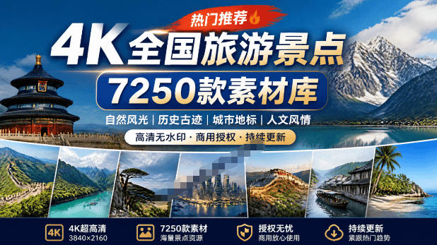 热门全国旅游风景素材！4K全国旅游景点素材库，7250款素材，旅行达人城市航拍风景风光高清短视频-点子口袋网