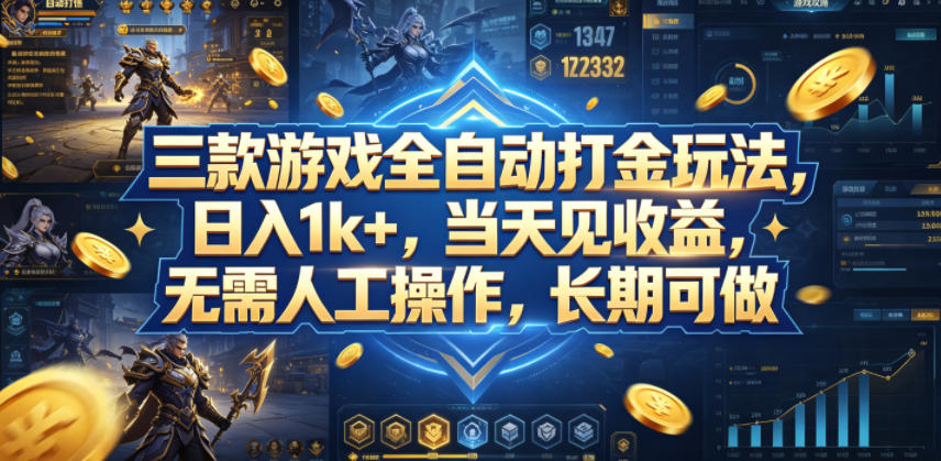 三款游戏全自动打金玩法，日入1k+，当天见收益，无需人工操作，长期可做【揭秘】-点子口袋网