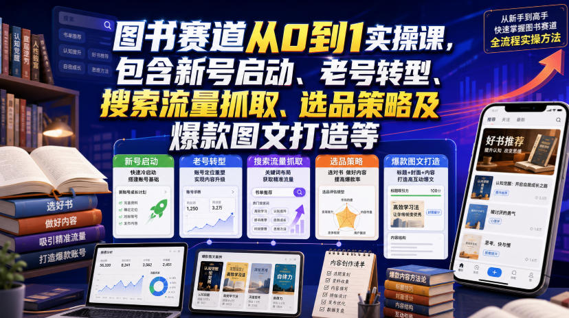 图书赛道从0到1实操课，包含新号启动、老号转型、搜索流量抓取、选品策略及爆款图文打造等-点子口袋网