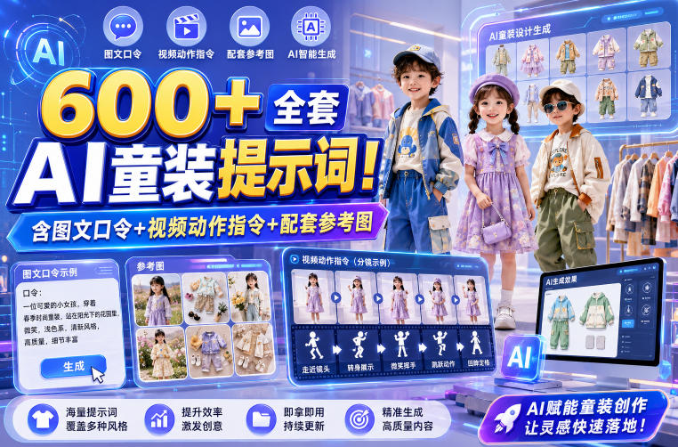 600+全套AI童装提示词！含图文口令+视频动作指令+配套参考图，Word-Excel规整分类，童装电商、种草无脑量产内容！-点子口袋网