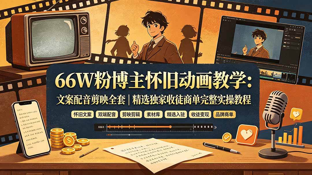 （19499期）66W粉博主怀旧动画教学：文案配音剪映全套｜精选独家收徒商单完整实操教程-点子口袋网