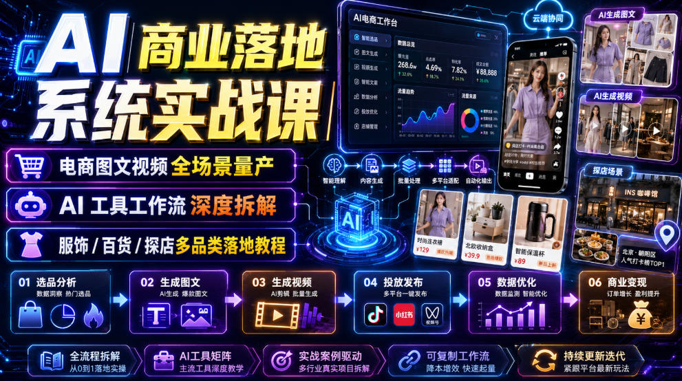 AI商业落地系统实战课｜电商图文视频全场景量产・AI工具工作流深度拆解・服饰/百货/探店多品类落地教程-点子口袋网