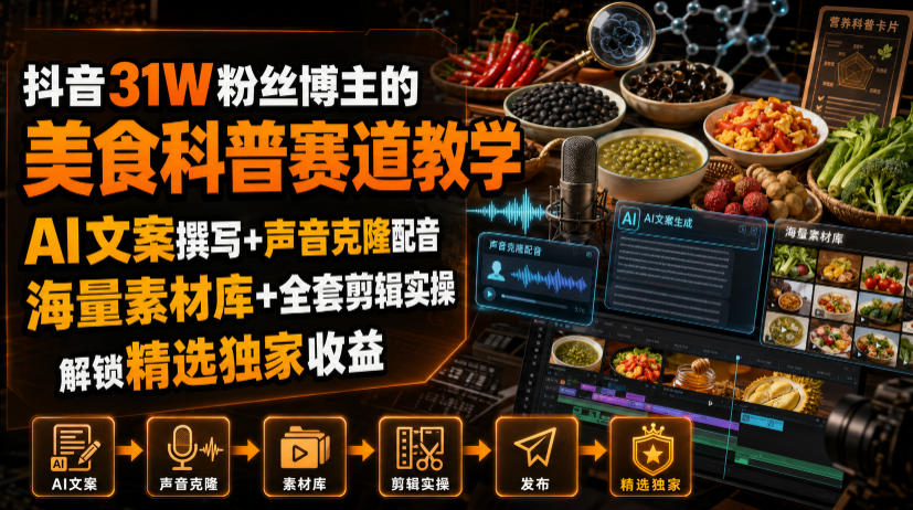 抖音31W粉丝博主的美食科普赛道教学，AI文案撰写+声音克隆配音+剪辑实操，解锁精选独家收益-点子口袋网