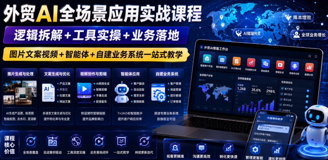 外贸AI全场景应用实战课程｜逻辑拆解+工具实操+业务落地，图片文案视频+智能体+自建业务系统一站式教学-点子口袋网