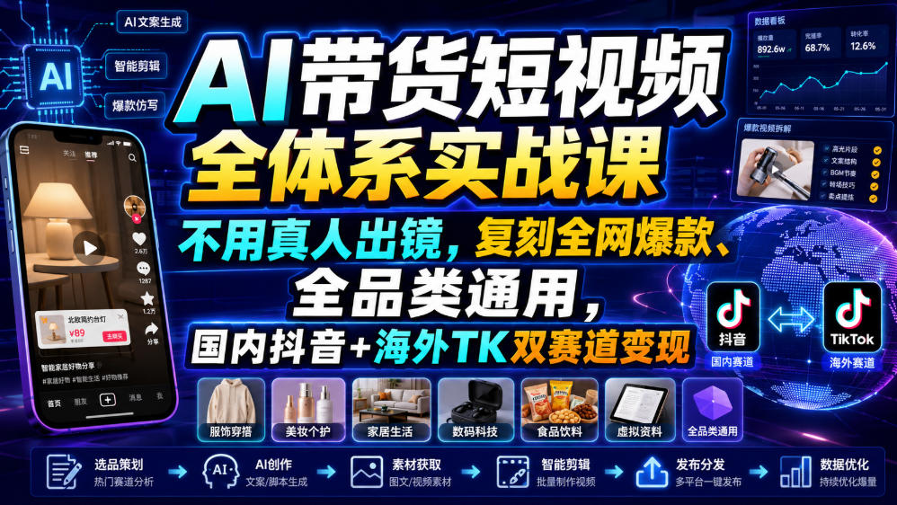AI带货短视频全体系实战课，不用真人出镜，复刻全网爆款、全品类通用，国内抖音+海外TK双赛道变现-点子口袋网