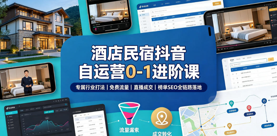 酒店民宿抖音自运营0-1进阶课｜专属行业打法、免费流量+直播成交+榜单SEO全链路落地-点子口袋网
