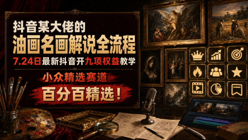 抖音某大佬的油画名画解说全流程，7.24日最新抖音开九项权益教学，小众精选赛道，百分百精选！-点子口袋网
