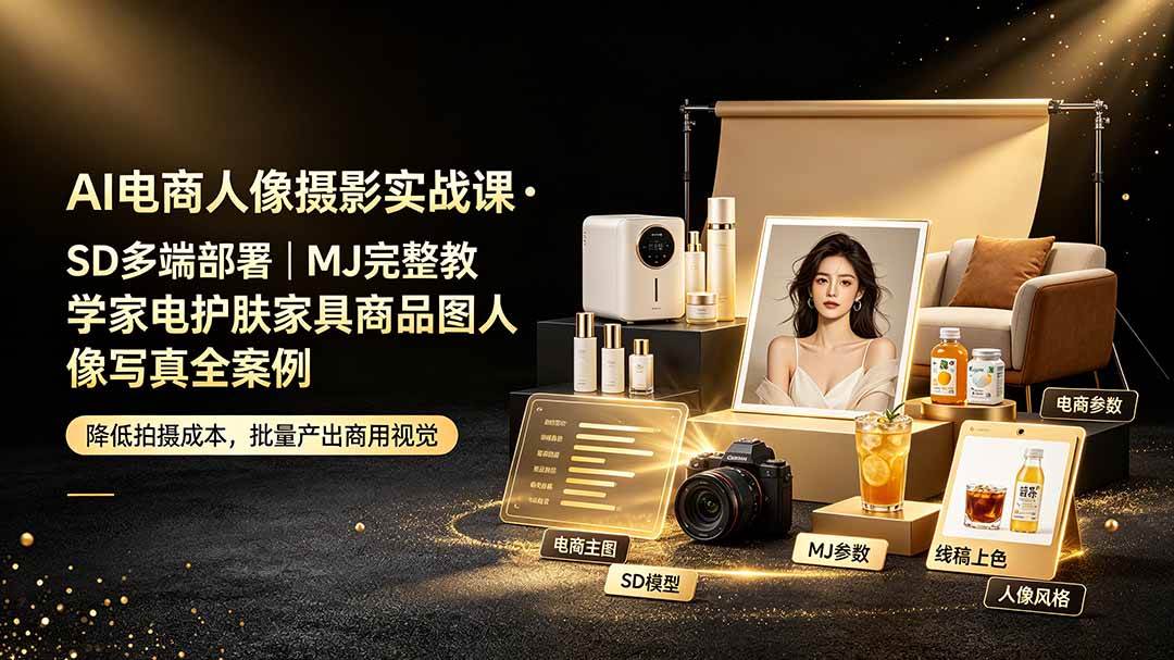 （19262期）AI电商人像摄影实战课·SD多端部署｜MJ完整教学｜家电护肤家具商品图人像写真全案例-点子口袋网