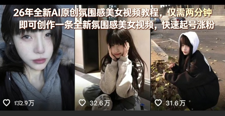 26年全新AI原创氛围感美女视频教程，仅需两分钟即可创作一条全新氛围感美女视频，快速起号涨粉-点子口袋网