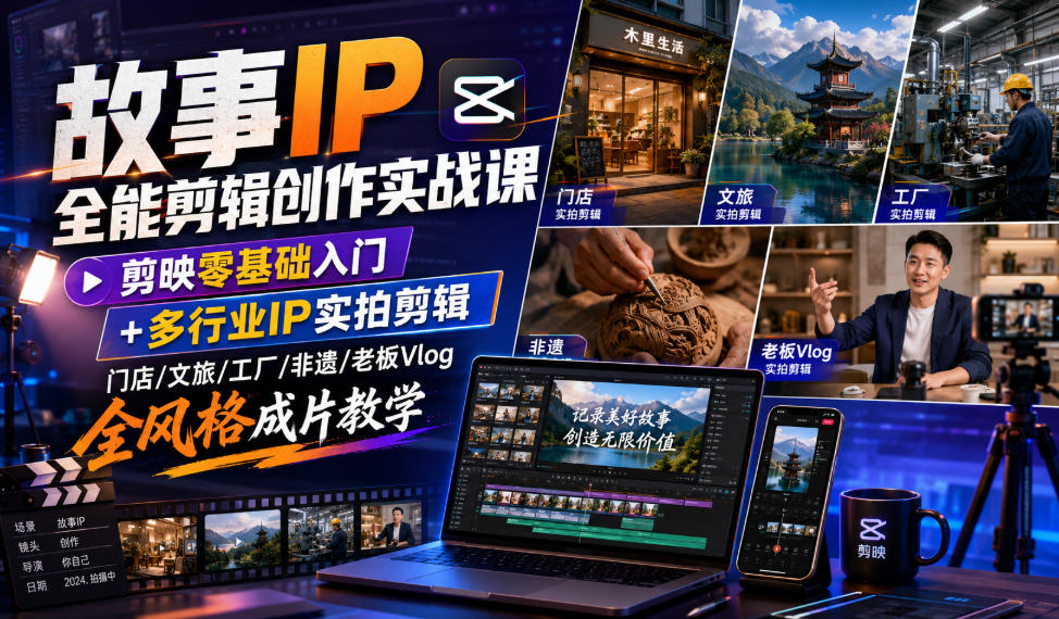 故事IP全能剪辑创作实战课｜剪映零基础入门+多行业IP实拍剪辑，门店/文旅/工厂/非遗/老板Vlog全风格成片教学-点子口袋网
