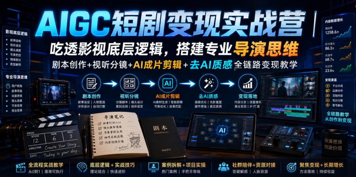 AIGC短剧变现实战营｜吃透影视底层逻辑，搭建专业导演思维，剧本创作+视听分镜+AI成片剪辑+去AI质感全链路变现教学-点子口袋网