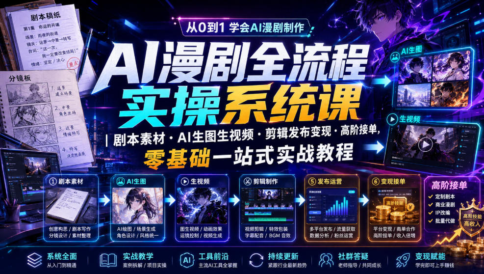 AI漫剧全流程实操系统课｜剧本素材・AI生图生视频・剪辑发布变现・高阶接单，零基础一站式实战教程-点子口袋网