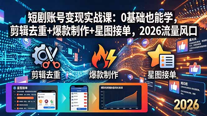 短剧账号变现实战课：0基础也能学，剪辑去重+爆款制作+星图接单，2026流量风口-点子口袋网