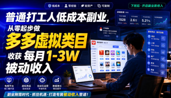 普通打工人低成本副业，从零起步做多多虚拟类目，收获每月1-3W被动收入【揭秘】-点子口袋网