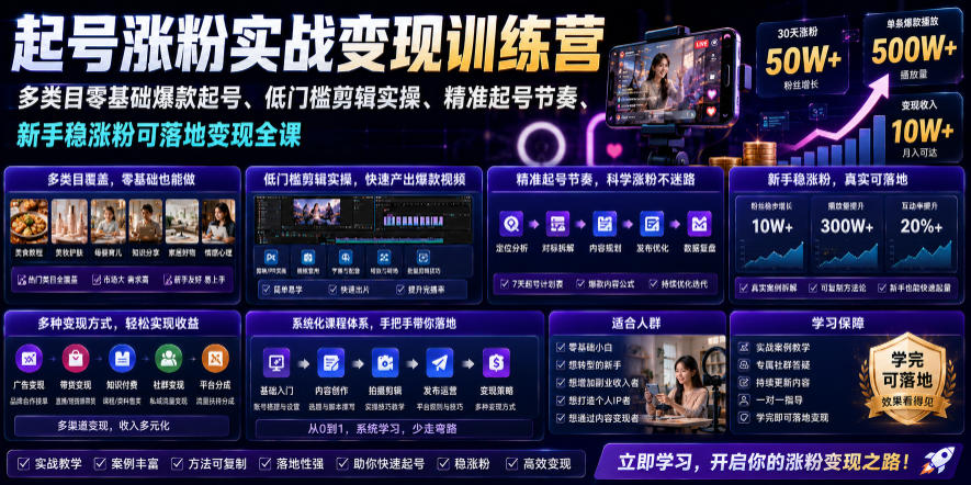 苗子起号涨粉实战变现训练营，多类目零基础爆款起号、精准起号节奏、新手稳涨粉可落地变现全课（更新0719）-点子口袋网