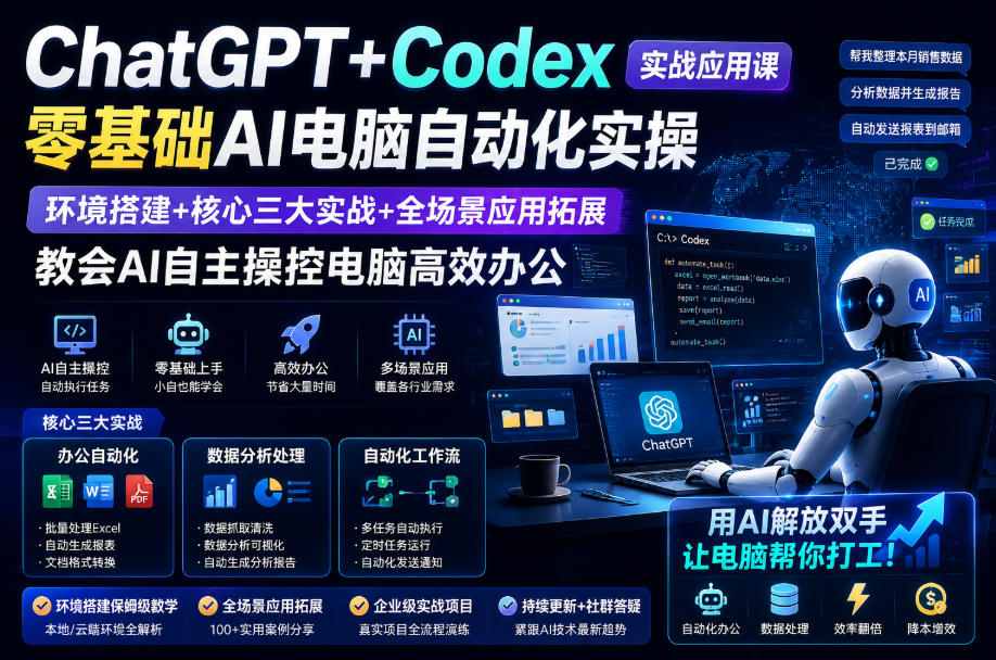 ChatGPT+Codex实战应用课｜零基础AI电脑自动化实操，环境搭建+核心三大实战+全场景应用拓展，教会AI自主操控电脑高效办公-点子口袋网