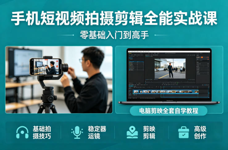 手机短视频拍摄剪辑全能实战课：零基础入门到高手，稳定器运镜+电脑剪映全套自学教程-点子口袋网