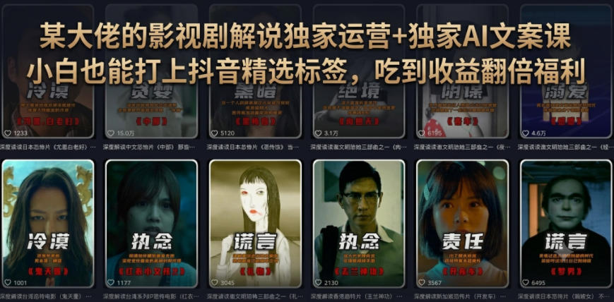 某大佬的影视剧解说独家运营+独家AI文案课，小白0粉丝也能快速打上抖音精选标签、吃到收益翻倍福利-点子口袋网