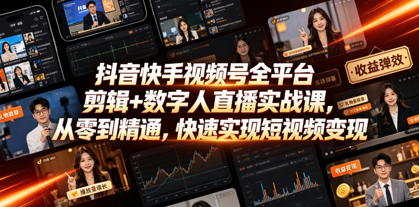 抖音快手视频号全平台剪辑+数字人直播实战课，从零到精通，快速实现短视频变现(更新2026年6月)-点子口袋网