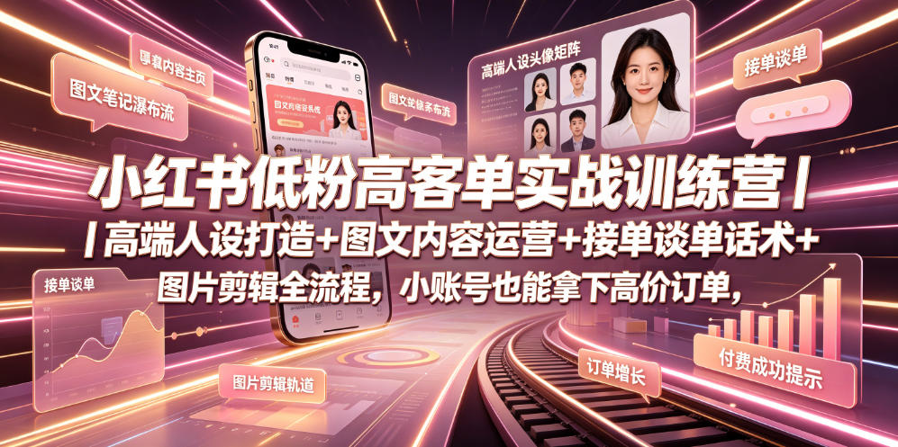 小红书低粉高客单实战训练营｜高端人设打造+图文内容运营+接单谈单话术+图片剪辑全流程，小账号也能拿下高价订单-点子口袋网