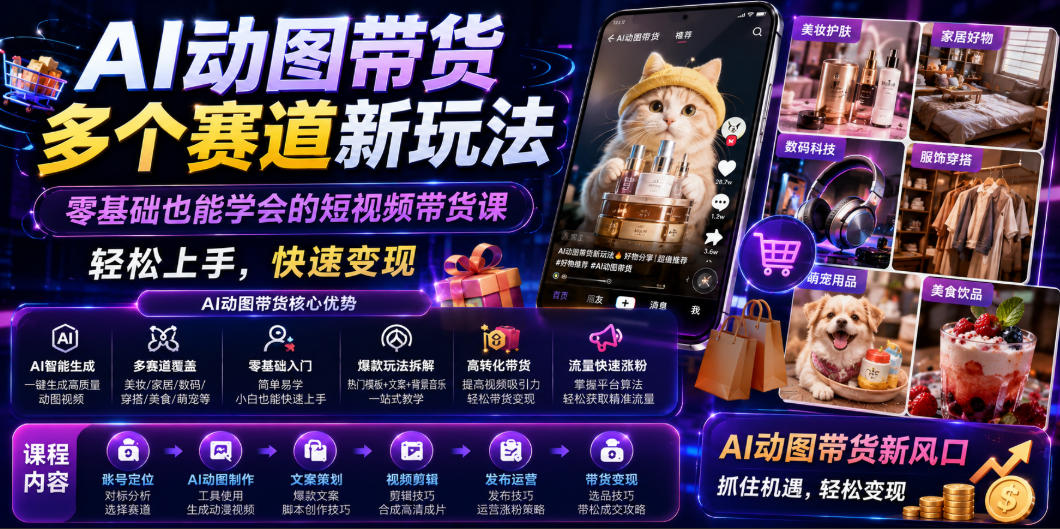AI动图带货多个赛道新玩法，零基础也能学会的短视频带货课，轻松上手，快速变现-点子口袋网