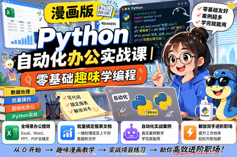 漫画版Python自动化办公实战课｜零基础趣味学编程，全场景办公提效、批量搞定报表文档、解放双手进阶职场-点子口袋网