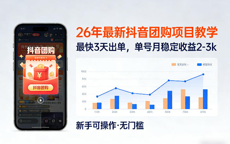 26年最新抖音团购项目教学，0门槛，最快3天出单，单号月稳定收益2-3k-点子口袋网