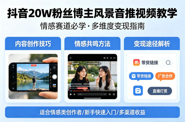 抖音20W粉丝博主风景音推视频教学，情感赛道必学，各种变现途径-点子口袋网