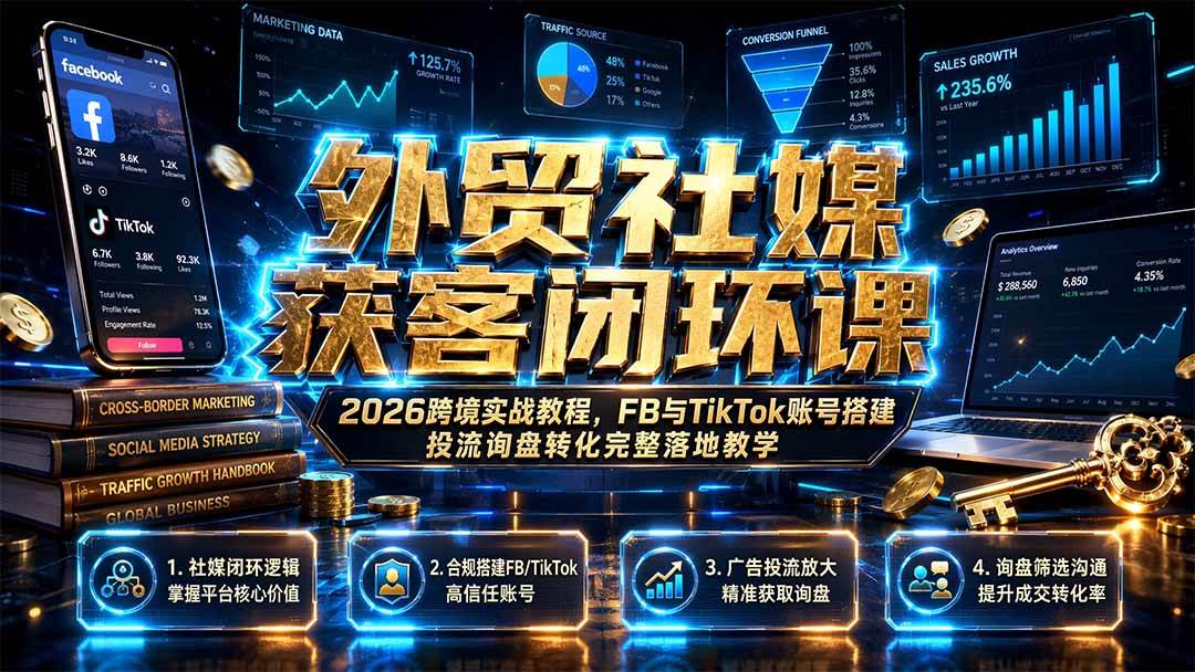 （19611期）外贸社媒获客闭环课｜2026跨境实战教程，FB与TikTok账号搭建投流询盘转化完整落地教学-点子口袋网