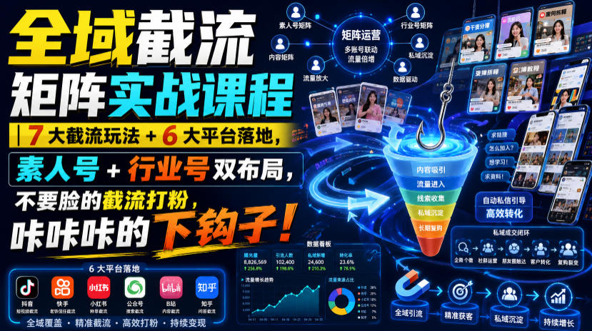 全域截流矩阵实战课程｜7大截流玩法+6大平台落地，素人号+行业号双布局，不要脸的截流打粉，咔咔咔的下钩子！-点子口袋网