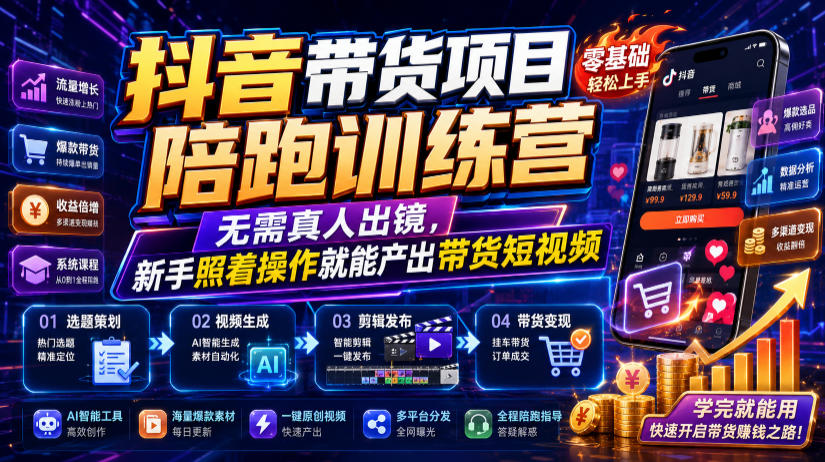 抖音带货项目陪跑训练营，无需真人出镜，新手照着操作就能产出带货短视频-点子口袋网
