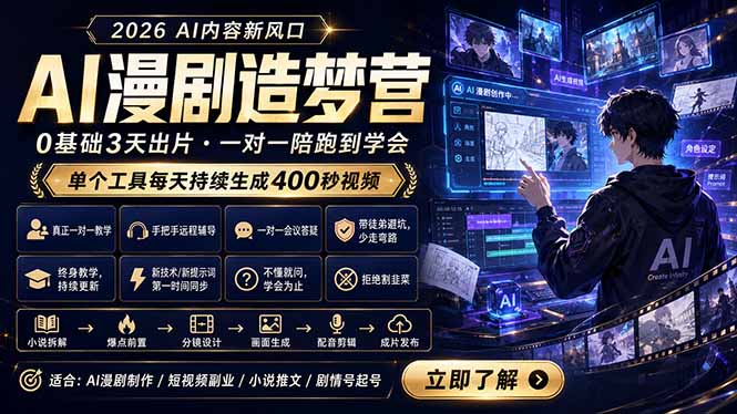 AI漫剧造梦营：0基础3天出片，单个工具每天持续生成400秒视频-点子口袋网