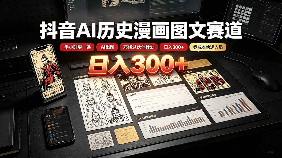 （19498期）抖音AI历史漫画图文赛道：半小时更一条×AI出图×邪修过伙伴计划×日入300+，零成本快速入局-点子口袋网