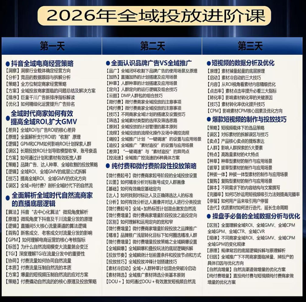 千川扫地僧2026抖音全域投放进阶课，少走弯路&middot;快速起量&middot;掌控增长，6月12-14号杭州线下课