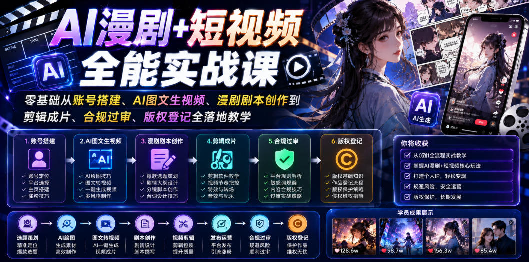AI漫剧+短视频全能实战课｜零基础从账号搭建、AI图文生视频、漫剧剧本创作到剪辑成片、合规过审、版权登记全落地教学-点子口袋网