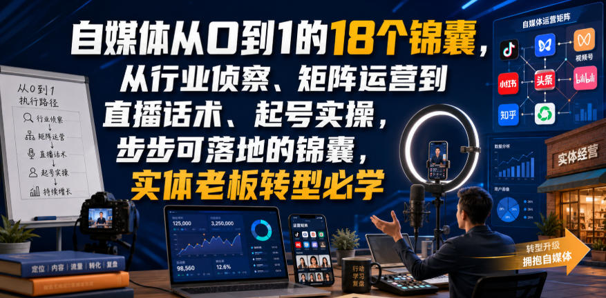 自媒体从0到1的18个锦囊，从行业侦察、矩阵运营到直播话术、起号实操，步步可落地的锦囊，实体老板转型必学-点子口袋网