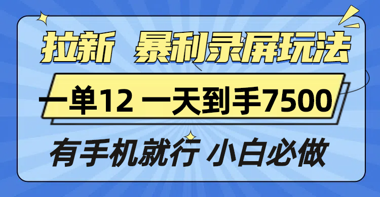 拉新暴利录屏玩法，一单12块，一天到手7500，有手机就行-点子口袋网