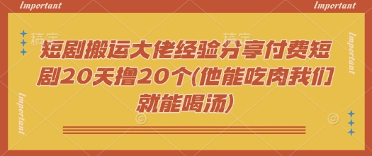 短剧搬运大佬经验分享付费短剧20天撸20个(他能吃肉我们就能喝汤)-点子口袋网