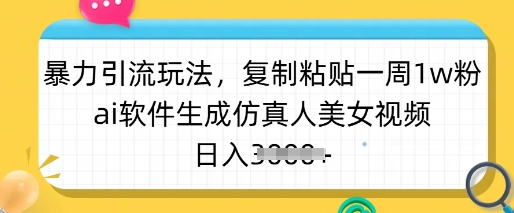 暴力引流玩法，复制粘贴一周1w粉，ai软件生成仿真人美女视频，日入多张-点子口袋网