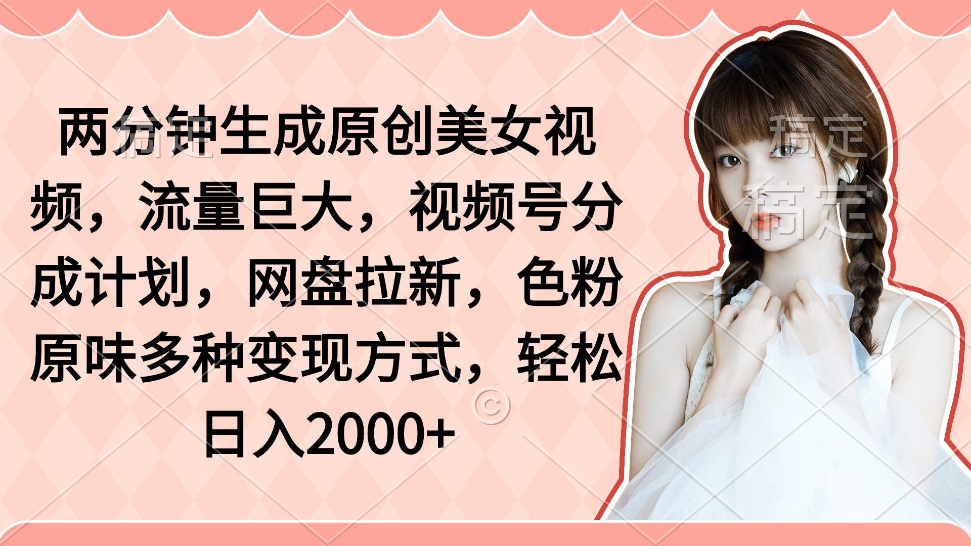 (9347期)两分钟生成原创美女视频，流量巨大，视频号分成计划，网盘拉新，色粉原...-点子口袋网