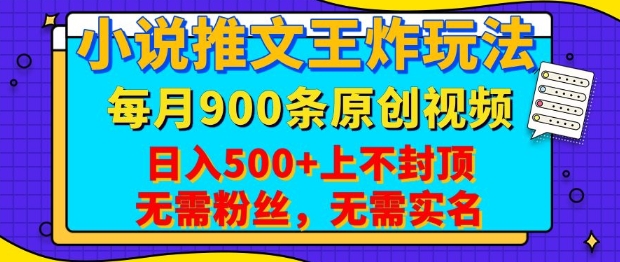 小说推文王炸玩法，一键代发，每月最多领900条原创视频，播放量收益日入5张，无需粉丝，无需实名【揭秘】-点子口袋网