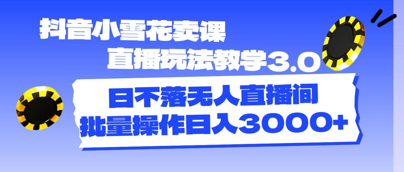 抖音小雪花卖课直播玩法教学3.0，日不落无人直播间，批量操作日入3000+-点子口袋网