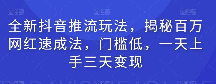 全新抖音推流玩法，揭秘百万网红速成法，门槛低，一天上手三天变现-点子口袋网