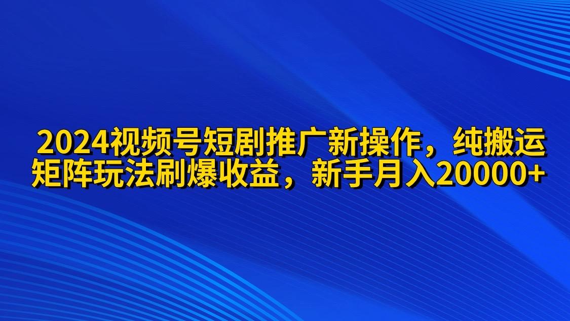 (9916期)2024视频号短剧推广新操作 纯搬运+矩阵连爆打法刷爆流量分成 小白月入20000-点子口袋网