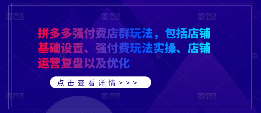拼多多强付费店群玩法，包括店铺基础设置、强付费玩法实操、店铺运营复盘以及优化-点子口袋网